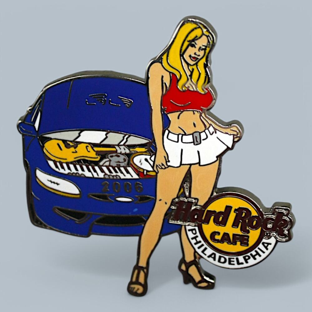 Hard Rock Pin 2006 Philadelphia Auto Show Blonde Girl Blue Car Guitar Under Hood